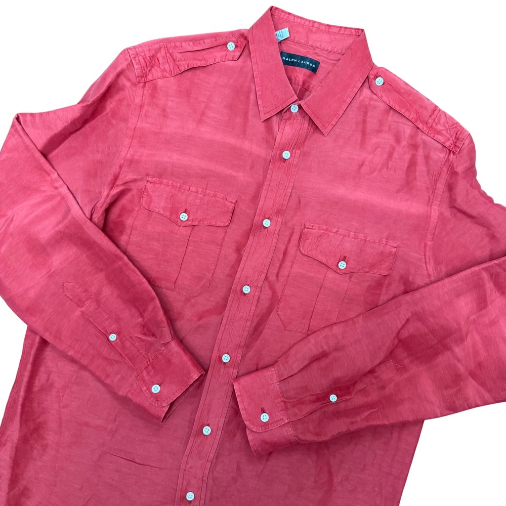 Ralph Lauren Black Label Shirt Mens L Red Linen Silk Made in Italy Epaulettes